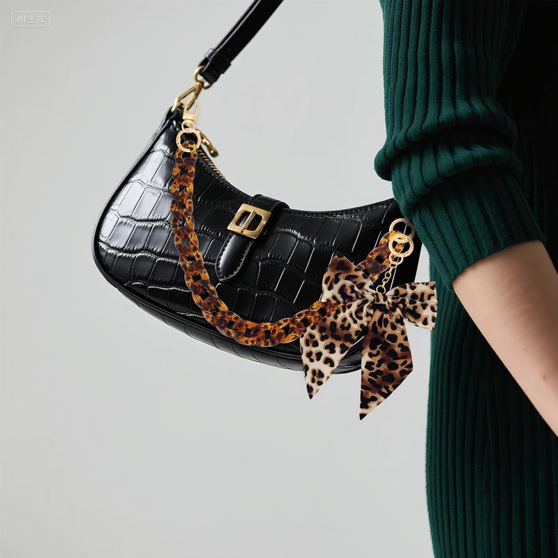 TUCEWP Leopard Print Purse Chain Strap 17.9 Inch Chunky Acrylic Bag Handle Shoulder Strap Replacement with Leopard Bow Keychain Charms Vintage Handbag Decoration Chain Bag Accessories Charms for Women - Image 3